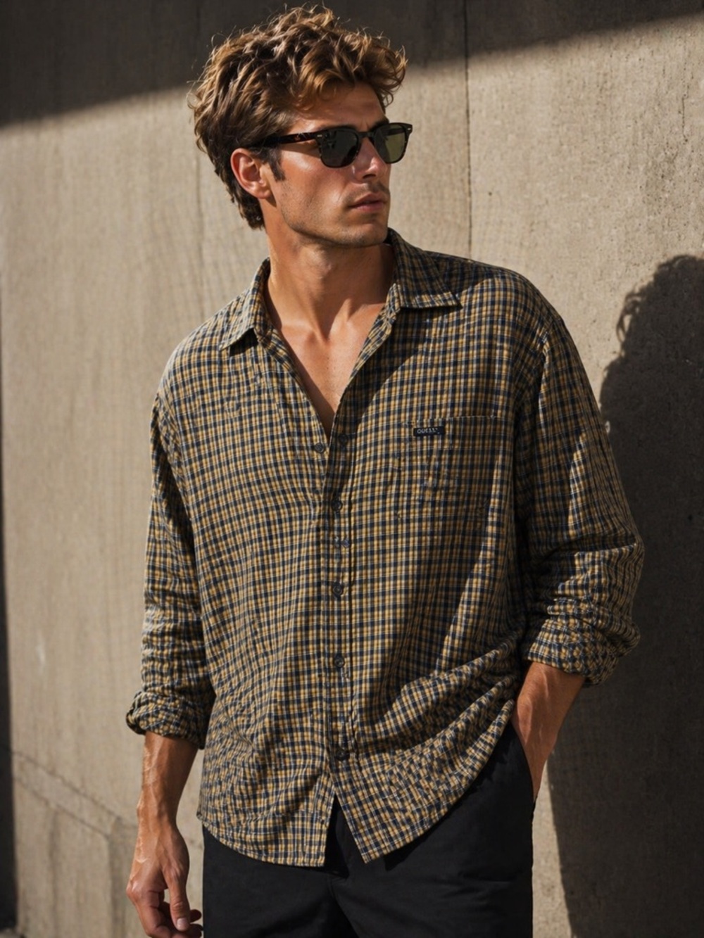 Vintage Guess Jeans Men’s XL Plaid Button Up Shirt 100% Cotton Long Sleeve